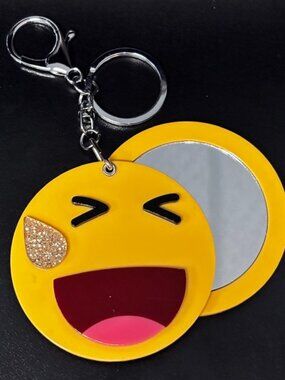 Laughing Emoji Keychain with Mirror Back – Cute Yellow Face Charm